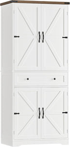 HOSTACK 71" Tall Pantry Cabinet, Farmhouse Kitchen Pantry with Storage Shelves, Barn Doors Food Storage Cabinet, Freestanding Kitchen Hutch with Large Drawer for Living Room, White + Rustic Brown