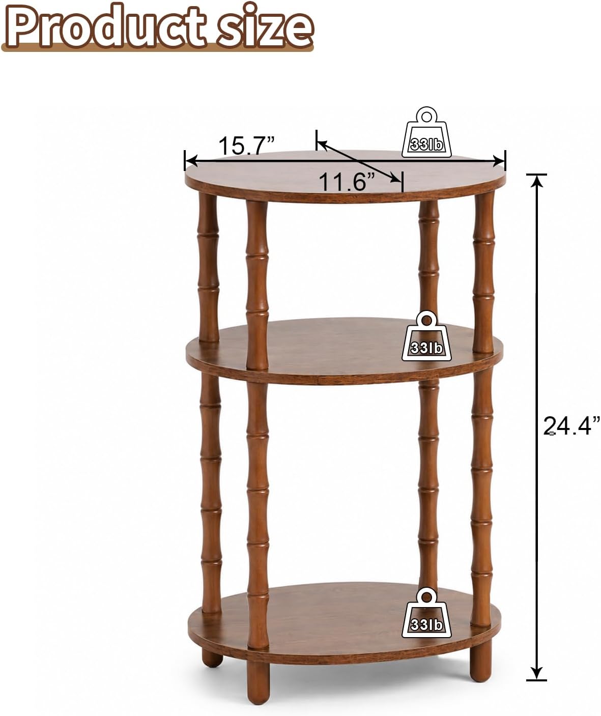 Side Table, 3-Tier Oval Accent Small End Table, Modern Oval Nightstand Accent Table for Small Space, Bedrooms, Living Room, Easy to Assemble, Rustic Brown