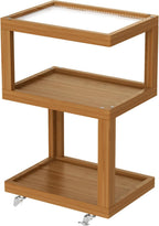 3-Tier Side Table - Walnut Geometric Design with Glass Top & Wheels, Sofa & Bedside Table for Small Spaces, Living Room & Bedroom Modern Minimalist