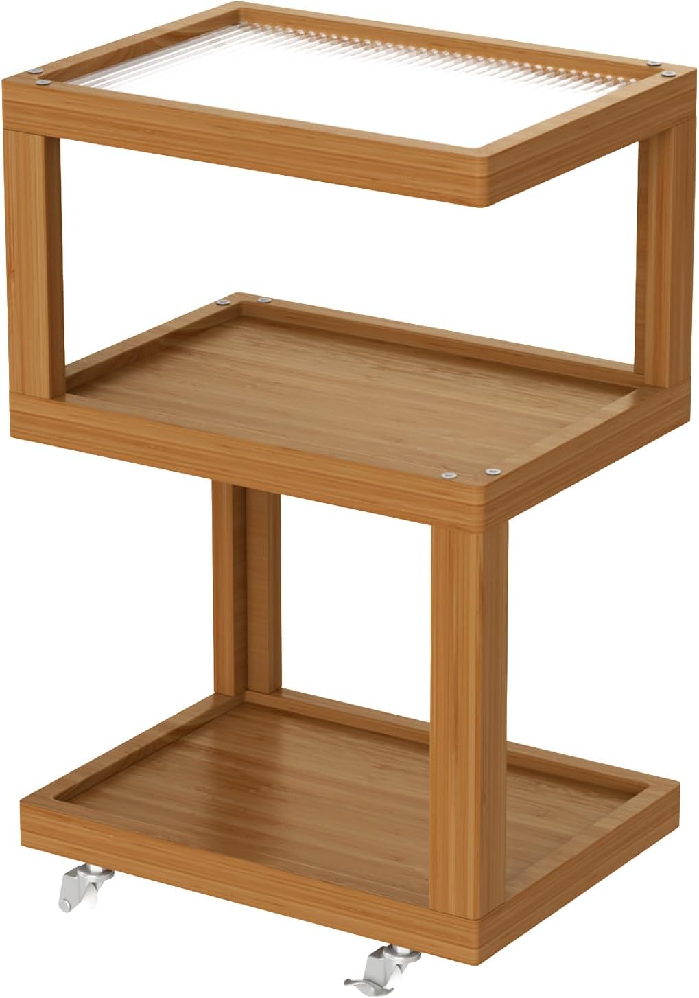 3-Tier Side Table - Walnut Geometric Design with Glass Top & Wheels, Sofa & Bedside Table for Small Spaces, Living Room & Bedroom Modern Minimalist