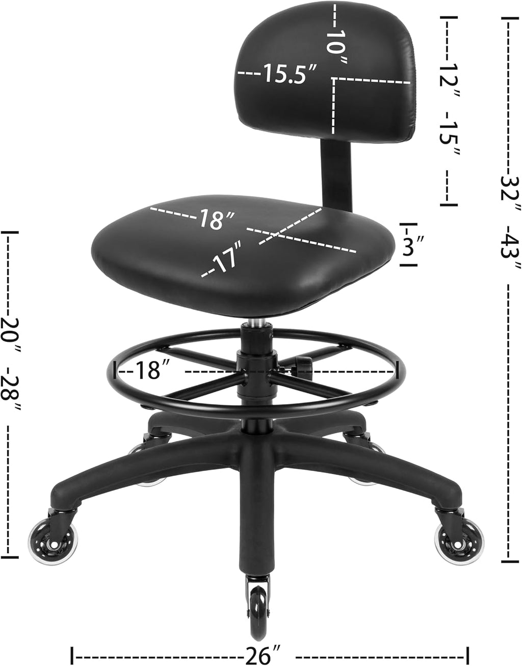 TAKE UR SEAT® Economical Multi-Purpose Medical Spa Drafting Stool with Adjustable seat and Back Height. Advanced Fabric seat Cover is Easy to Clean. Blade Wheels (Med. Bench Height Black)