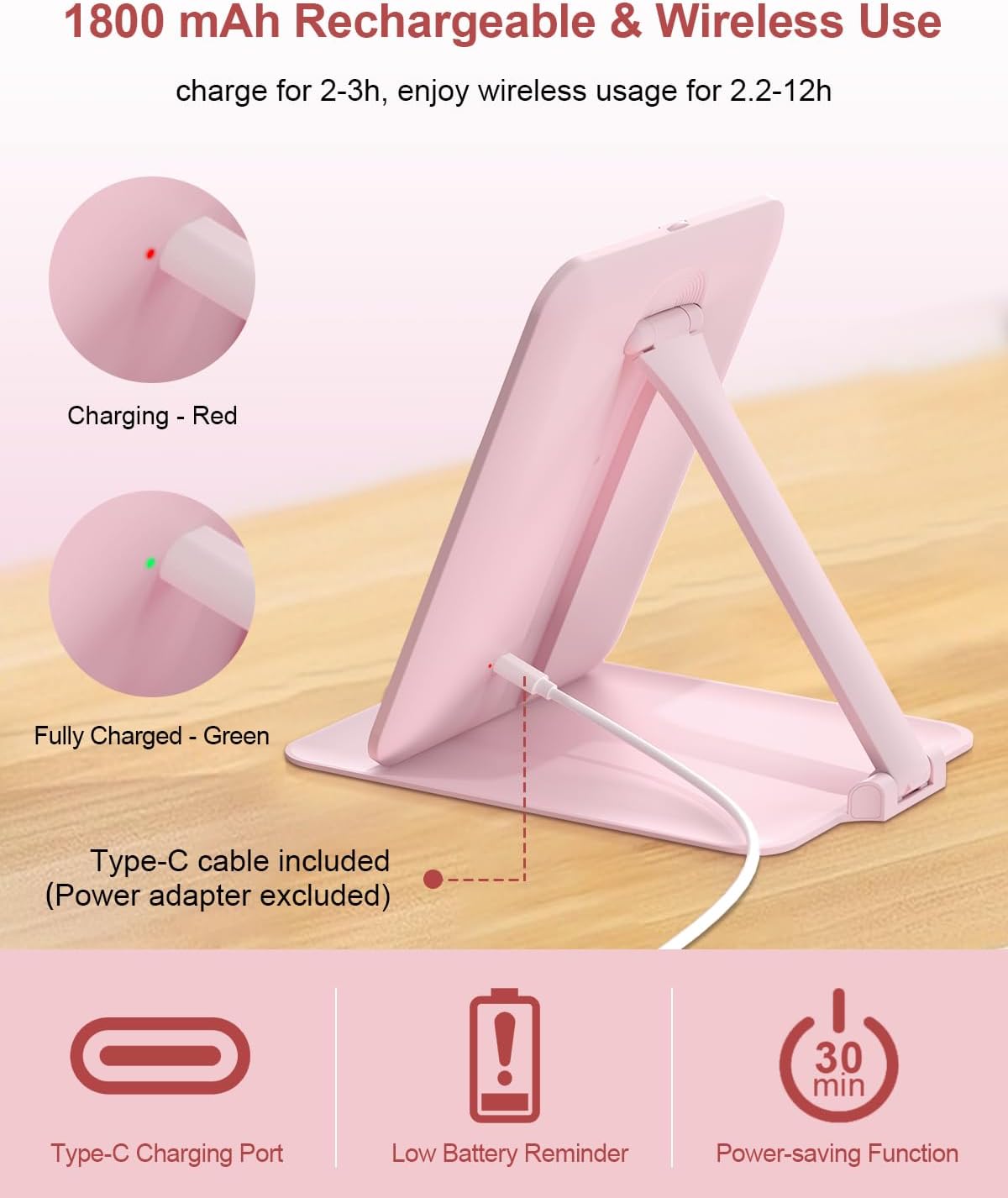 Gospire Travel Makeup Mirror with Lights and Magnification 10X, Portable Make Up Compact Tabletop Mirror with Adjustable Stand, 3 Colored Lights Rechargeable Lighted LED Vanity Mirror - Pink