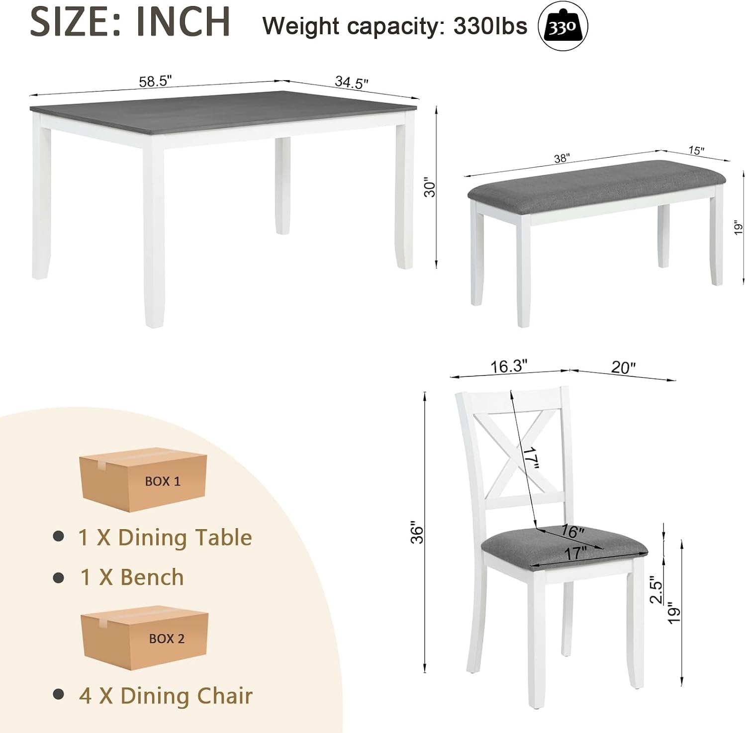 Bellemave 6-Piece Dining Table Set for 6 Rectangular Kitchen Table Set with 4 Dining Chairs and Bench, 6 Person Dining Room Set for Kitchen, Dining Room (White+Gray)