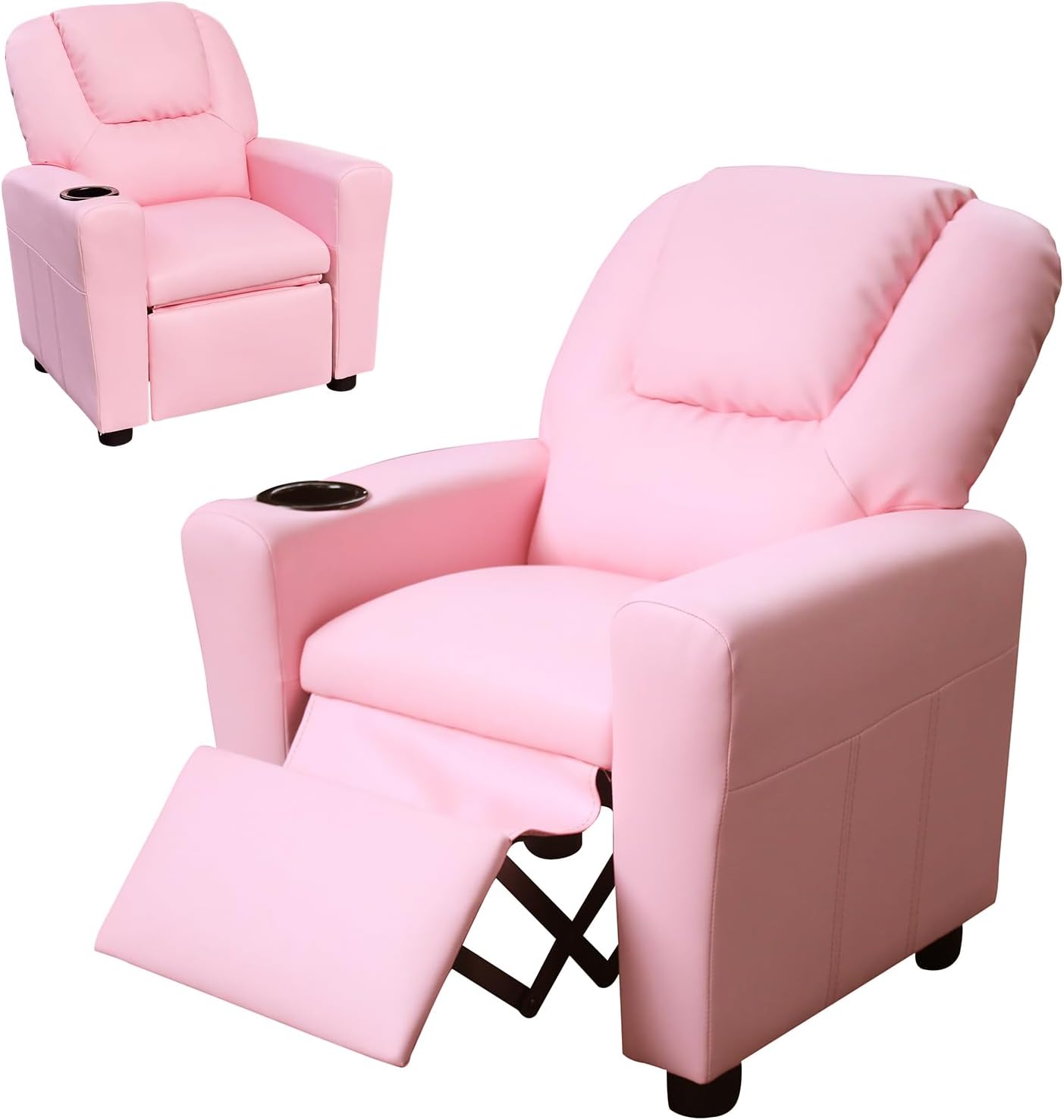 Kids Recliner with Cup Holder, PU Leather Toddler Recliner for Kids Age 1-4 w/Backrest & Footrest, Children’s Lounge Chair for Boys & Girls, Small Recliner for Bedroom Playroom Living Room (Pink)