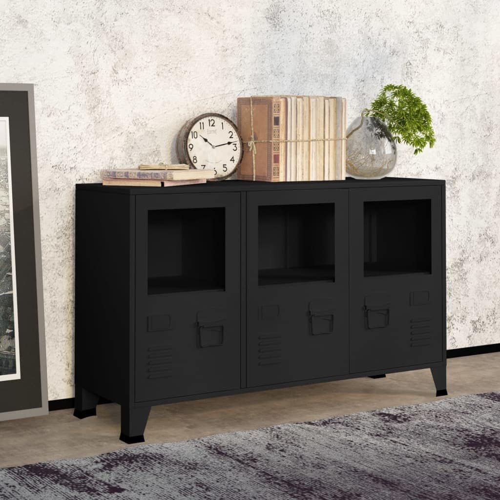 Industrial Metal and Glass Sideboard with Fixed Shelves, Black Rectangular Storage Cabinet for Dining Room and Living Room, Modern Furniture with Matte Finish and Transparent