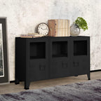 Industrial Metal and Glass Sideboard with Fixed Shelves, Black Rectangular Storage Cabinet for Dining Room and Living Room, Modern Furniture with Matte Finish and Transparent