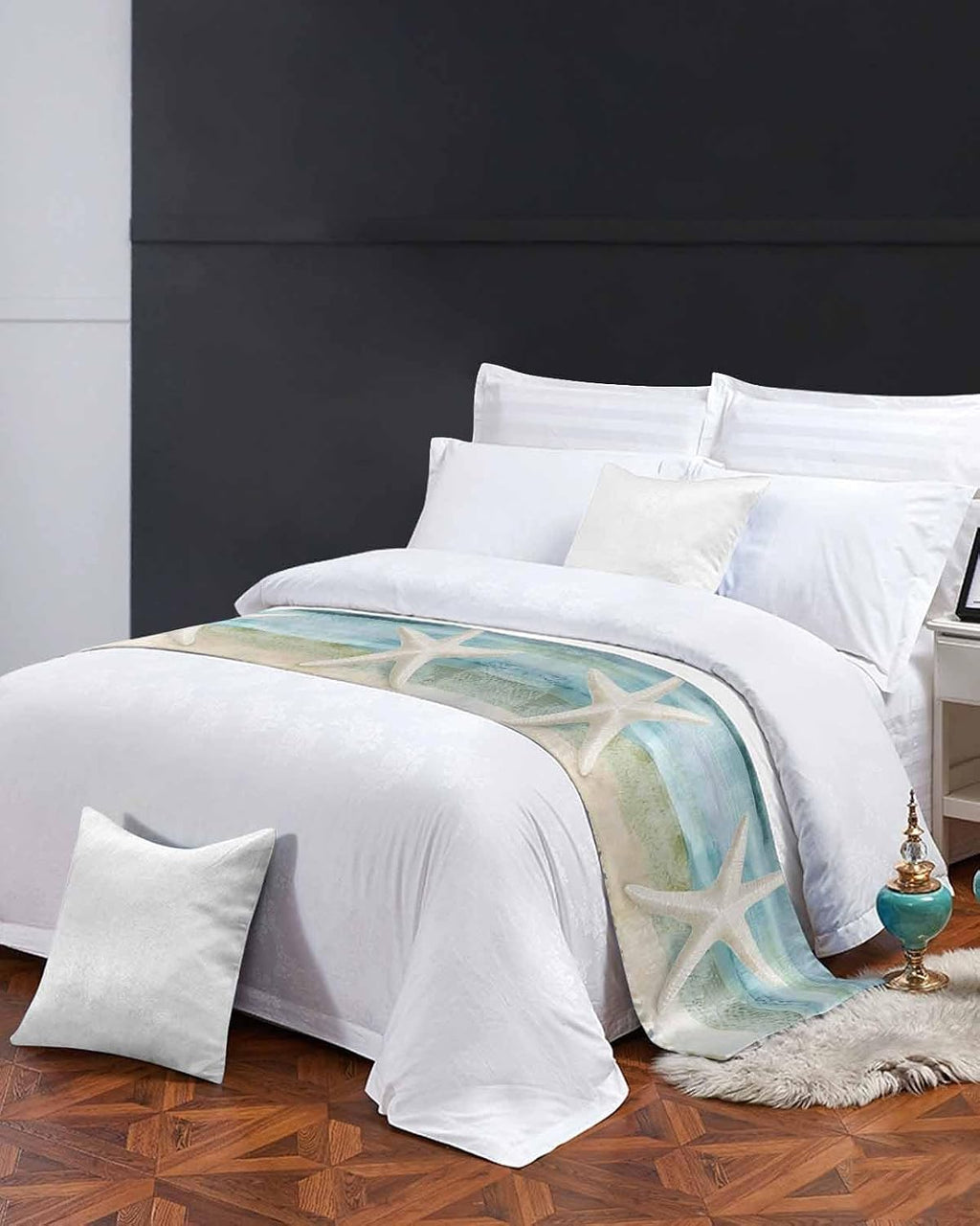 Bed Runner for Twin Size, Coastal Beach Decorative Scarf Throws for Foot of Bed, Summer Retro Starfish Wave Luxury Bedding Protector Slipcover Beds Runners for Hotel/Home, 71 x 20 Inch