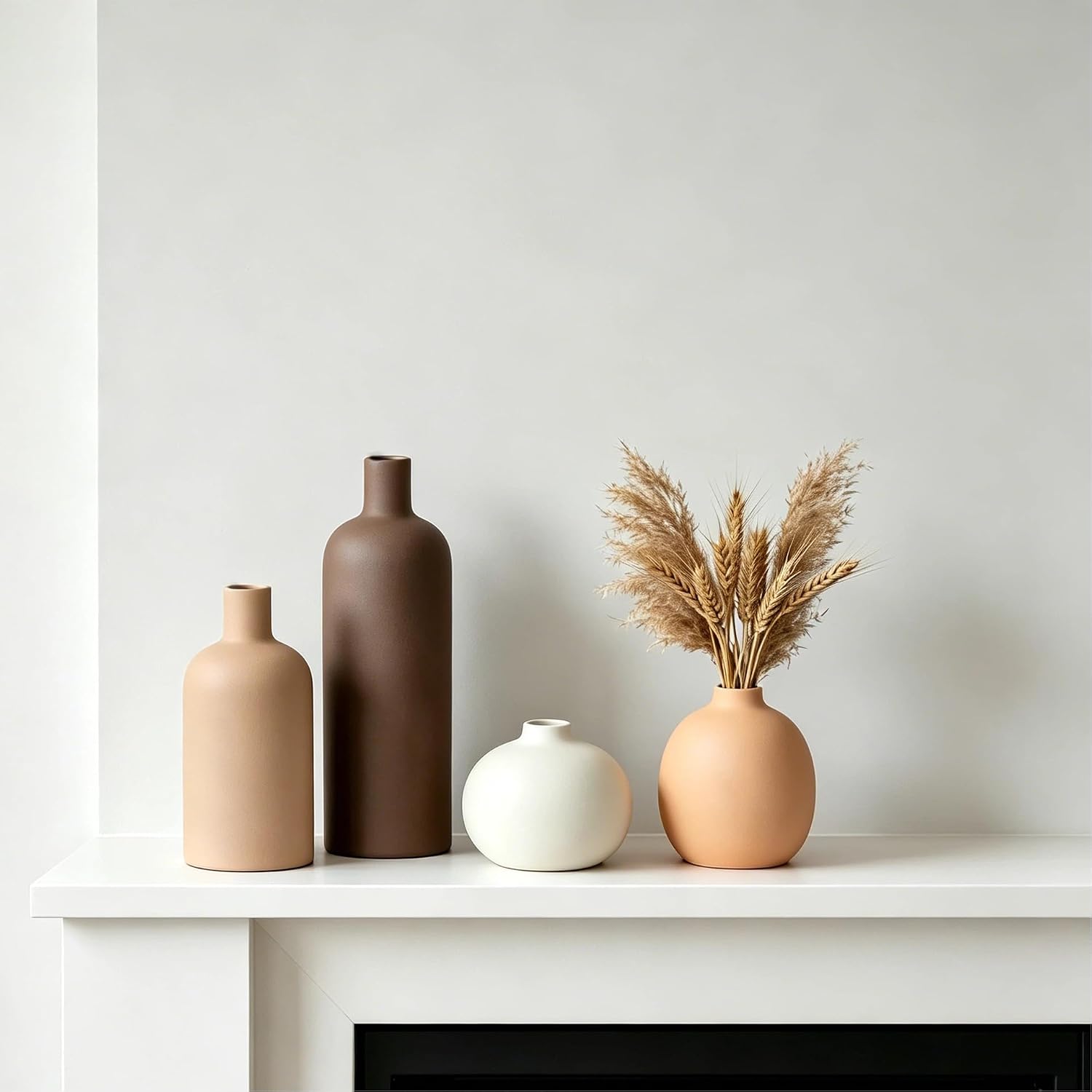 Neutral Boho Ceramic Decorative Vase Set, Modern Matte Minimalist Vases for Shelf, Coffee Table, Living Room & Fireplace Mantel Decor