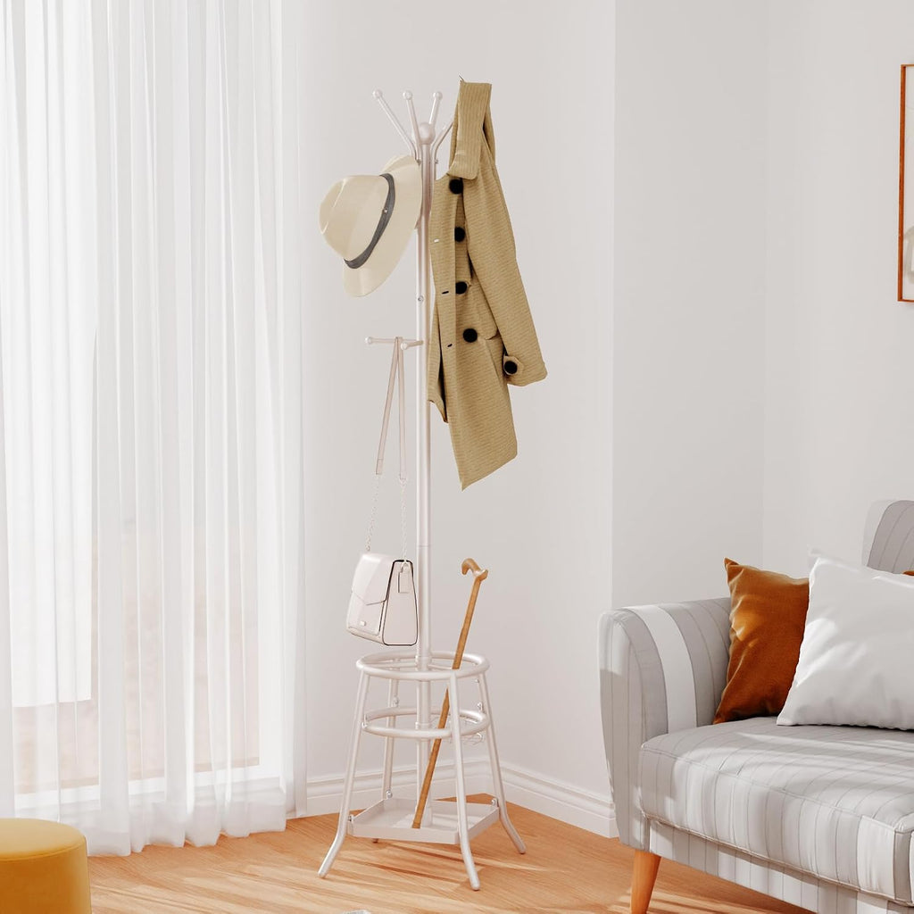 Heavy Duty Freestanding Coat Rack with 12 Hooks & Umbrella Holder - White Metal Clothes Hat Sturdy Standing Hall Tree for Entryway, Living Room, Bedroom, Office Organization (White)