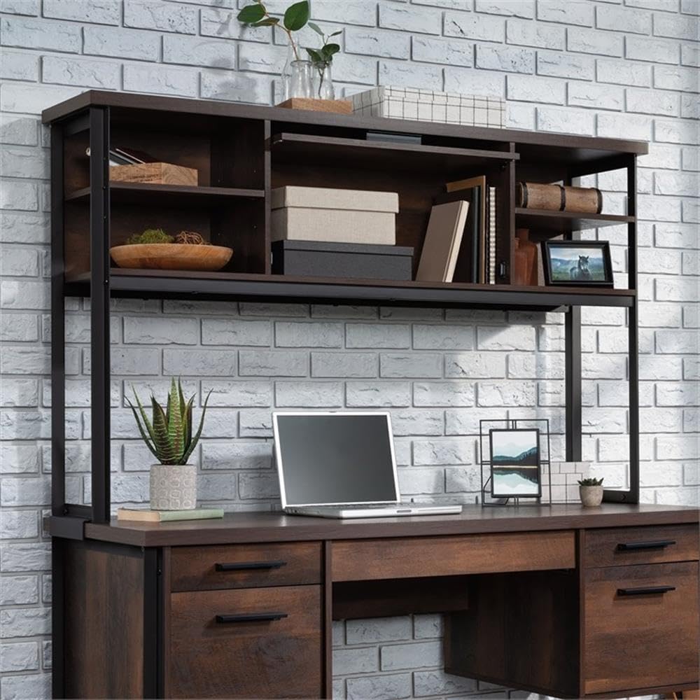 Pemberly Row Contemporary Hutch, 60 in Wide, Engineered Wood and Metal, Barrel Oak Finish, Attaches to Computer Desk, Barrister Door, 2 Adjustable Shelves, Office Storage Organizer