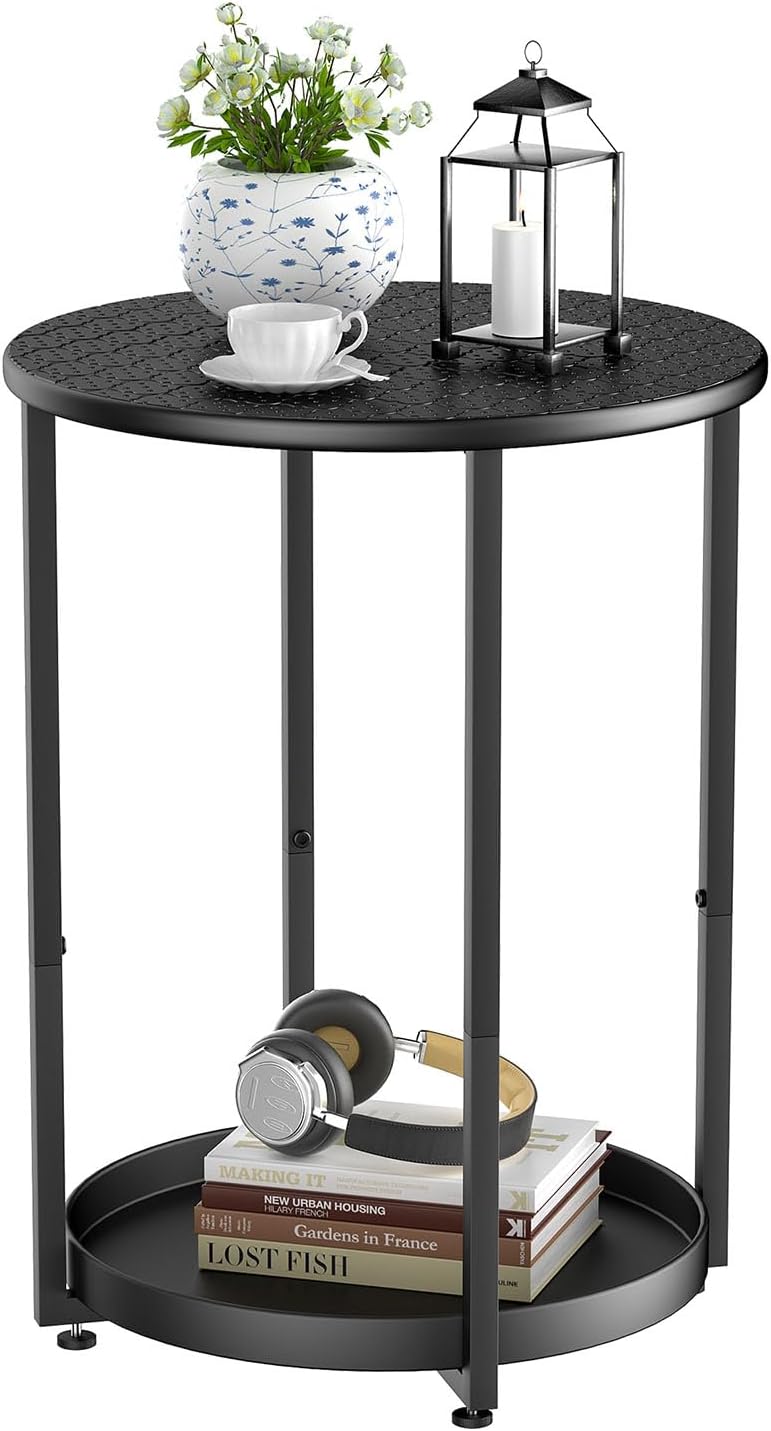 Small Round Side Table, 2 Tiers End Table, Nightstand with Metal Storage Shelf for Small Spaces, Living Room, Bedroom, Black