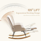 Furniliving Nursery Rocking Chair Modern Armchair Upholstered Glider Rocking Chair Accent Chair with Retractable Footrest Reading Chair with High Backrest Solid Wood Base for Bedroom, White, Teddy