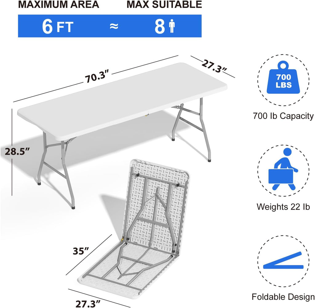 6FT Folding Table, Plastic Foldable Table for Indoor Outdoor, Heavy Duty Portable Dinning Tables with Carrying Handle, Utility Tables for Party, Camping, Banquet, Wedding, Events, Picnic, White