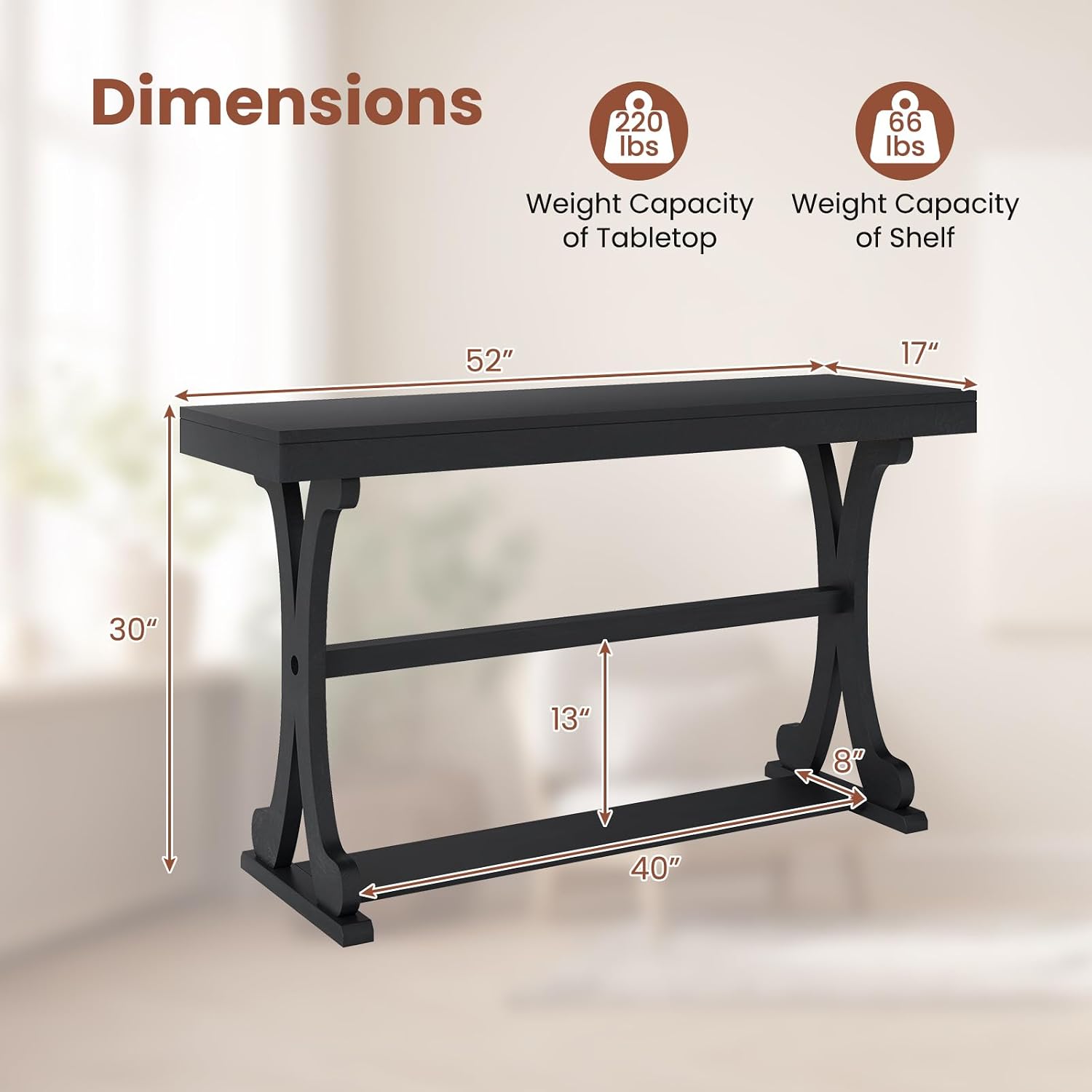 Giantex 52" Narrow Console Table, Vintage Accent Entryway Table with Open Storage Shelf, Long Wooden Behind Couch Sofa Table with Anti-tip Kit for Small Spaces Living Room Hallway (Black)