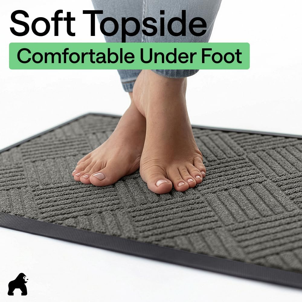 GORILLA GRIP 100% Waterproof All-Season WeatherMAX Doormat US Designed Natural Rubber, Stain Fade Resistant, Low Profile Indoor Outdoor Door Mats, Easy Clean, 29x17 Gray Diamond