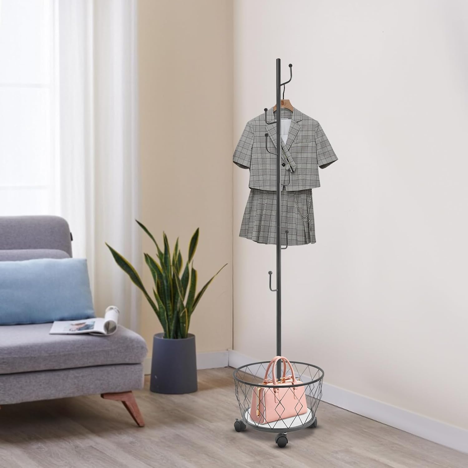 Coat Rack Freestanding with Storage Basket Black Hall Tree Entryway Organizer Coat Stand with Hooks for Hat Bag Scarf Shoe Bedroom Living Room Office