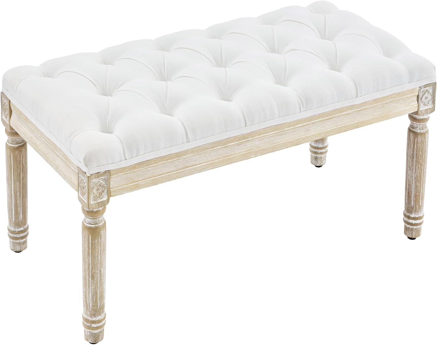 LOULENS French Vintage Bench, Linen Fabric Entryway Bench, Upholstered Tufted End of Bed Bench with Brushed Wood Legs, White
