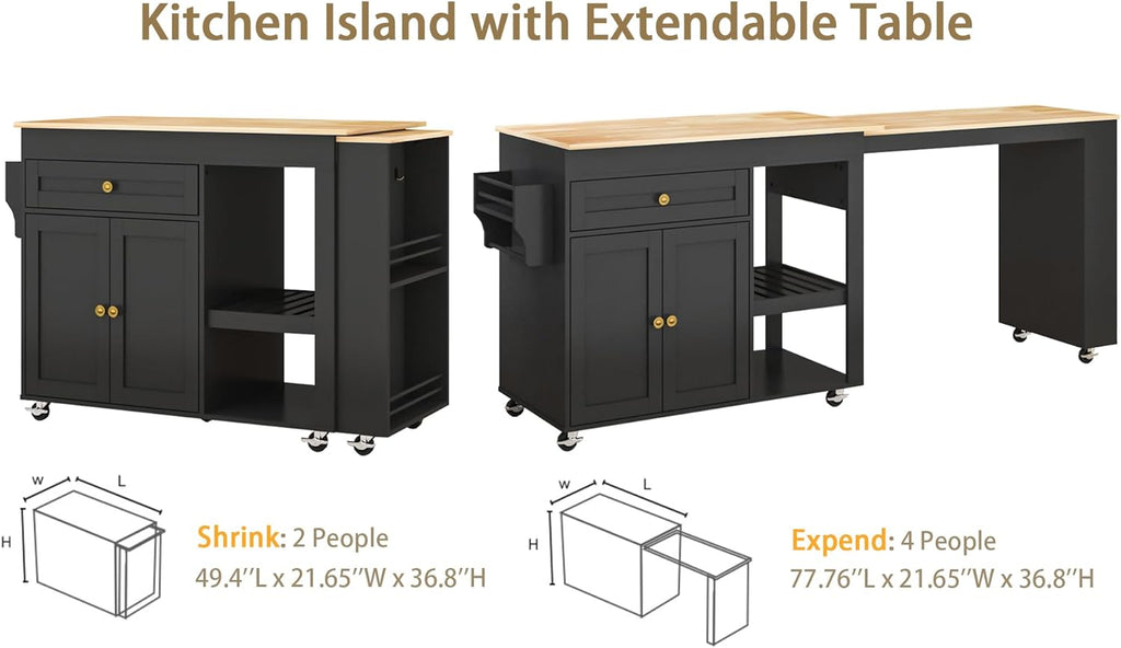 JassmiPkwy 78'' Rolling Kitchen Island with Extendable Dining Table for 4, Kitchen Islands on Wheels w/Pull Out Table, Drawer, 2-Tier Storage Shelf, Hooks, Black