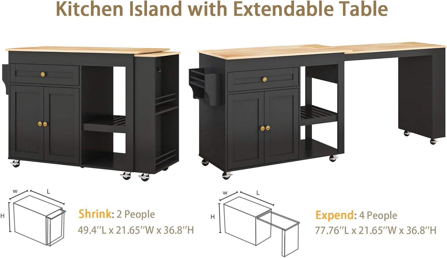 JassmiPkwy 78'' Rolling Kitchen Island with Extendable Dining Table for 4, Kitchen Islands on Wheels w/Pull Out Table, Drawer, 2-Tier Storage Shelf, Hooks, Black