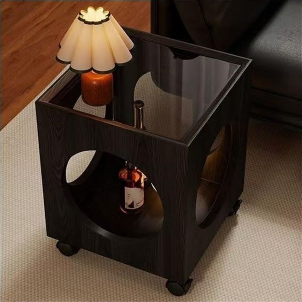 Vintage Rolling Side Table with Glass Top Wood Square Coffee Table on Wheels Mobile End Table for Living Room Sofa Corner Home Furnishing(Black)