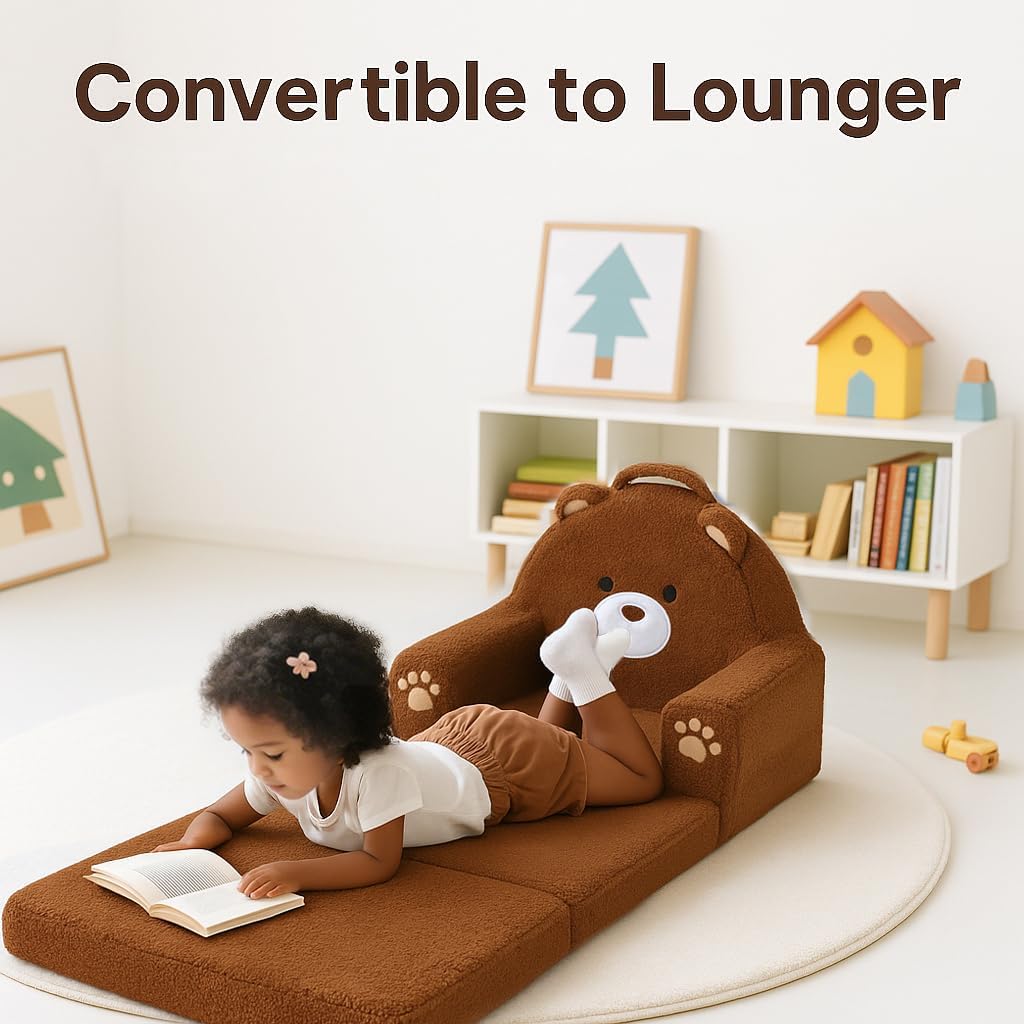 MOONBEEKI 2-in-1 Foldable Toddler Couch, Soft Sherpa Fabric with Washable Cover, Convertible Sofa to Lounger, Kids Sofa for Playroom, Bedroom, Living Room, Birthday Gift, Bear, Medium