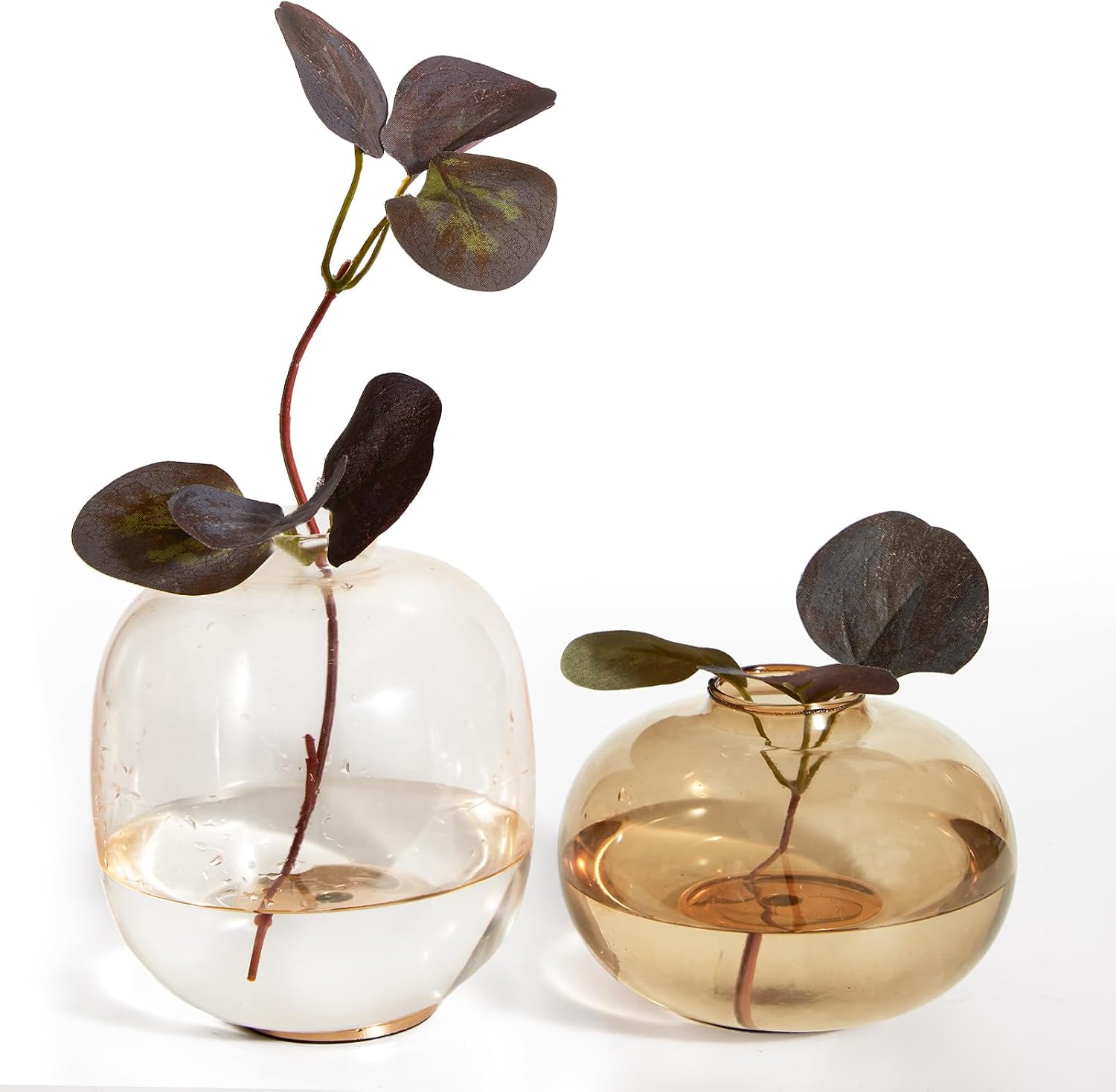 DN DECONATION Amber Bud Vases Set of 2, Small Round Brown Glass Flower Vases with Gold Non-Slip Base for Centerpieces Dining Table Decor Bookshelf Bedside Table Housewarming Gift Tulip Fall