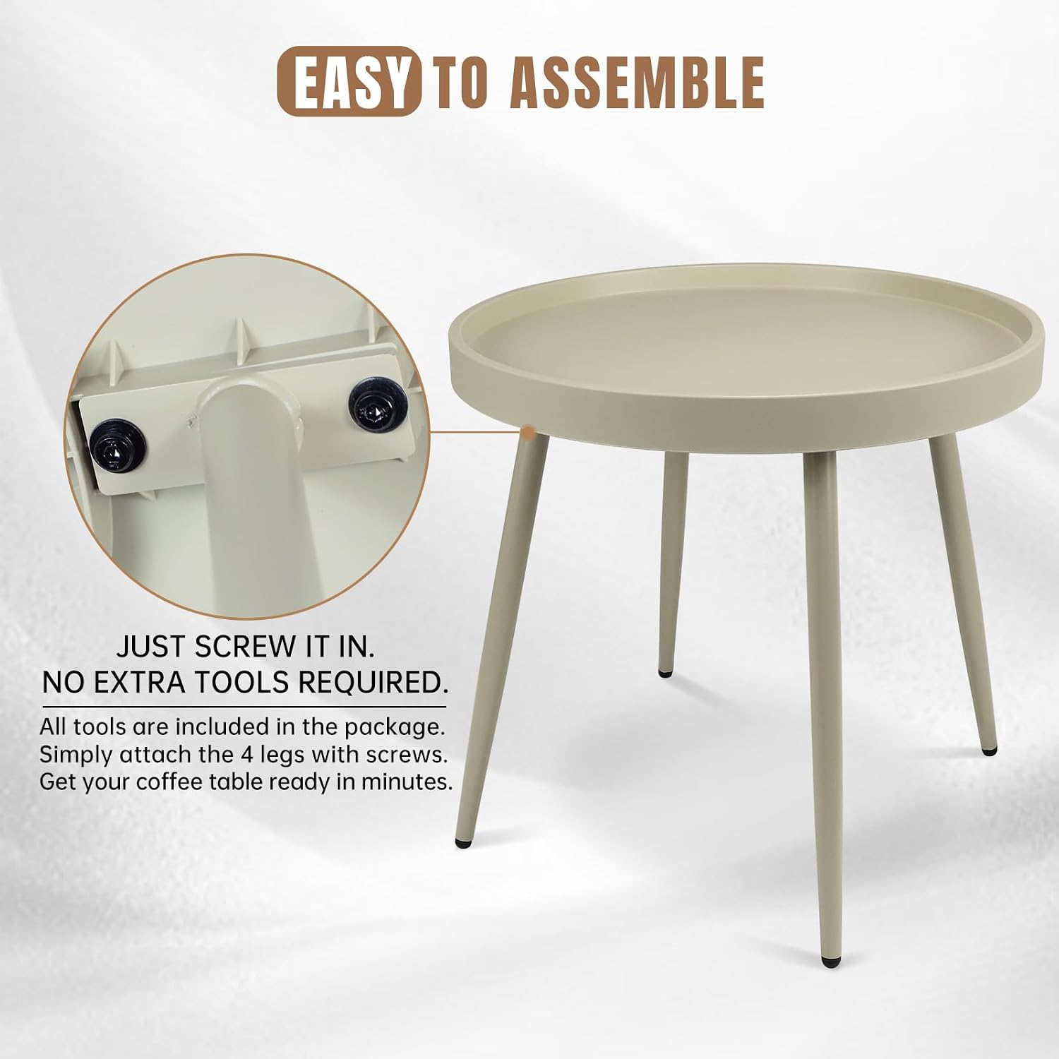 20" Round Side Table, Plastic Top, Iron Frame, Waterproof, Camel | Waterproof, easy-clean plastic top.Tool-free assembly, sets up in minutes.End table, Nightstand, Accent table. Lightweight.