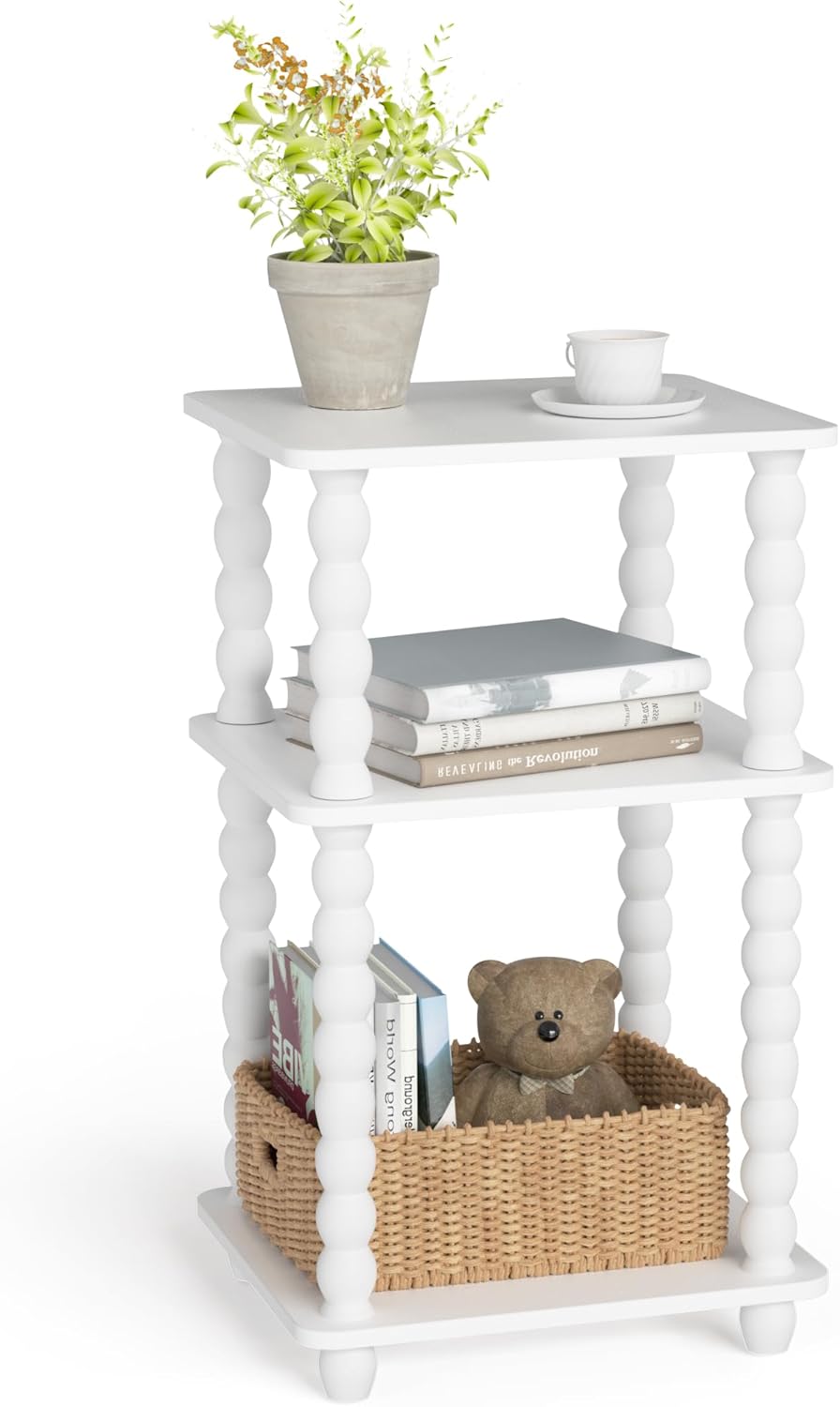 Tohiasen 3 Tier Side Table - Compact End Table with Solid Wood Legs, Small Nightstand with Open Shelves for Living Room Bedroom Office Nursery Small Spaces (White, Rectangular)