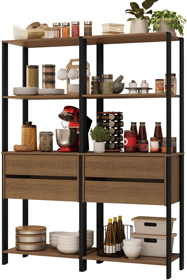 Madesa Kitchen Pantry Storage Rack with 4 Drawers and 6 Open Shelves 55" L Multiuse Modular Cabinet for Kitchen Organization - Black/Brown