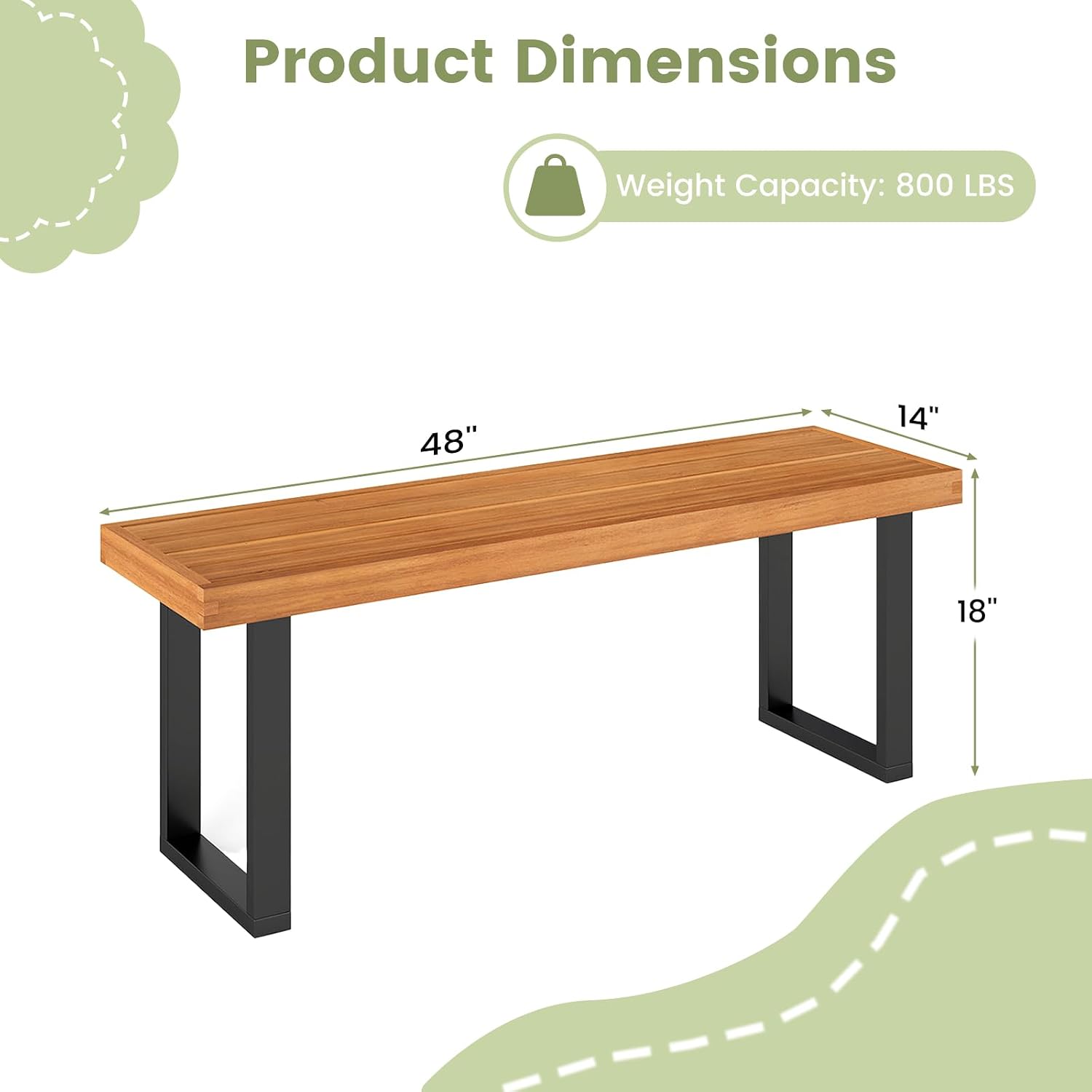 RELAX4LIFE Outdoor Bench Acacia Wood - 48’’ Garden Patio Dining Bench w/Slatted Seat, Metal Legs, 2-Person Backless Picnic Loveseat, Farmhouse Indoor Outdoor Furniture for Entryway Deck Park Porch (1)