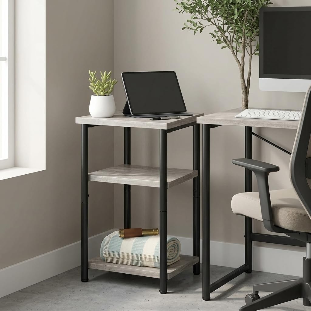 3 Tier End Table for Small Space, Modern Oak Grey Side Table with Metal Frame, Compact Nightstand for Living Room, Bedroom, and Office