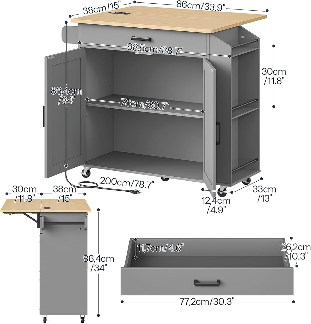 HOOBRO Kitchen Island with Drop Leaf Countertop & Power Outlet, Rolling Island Cart on Wheels, Kitchen Cart with Drawer & Spice Rack, Mobile Island Table for Kitchen, Natural and Grey GN86UZD01