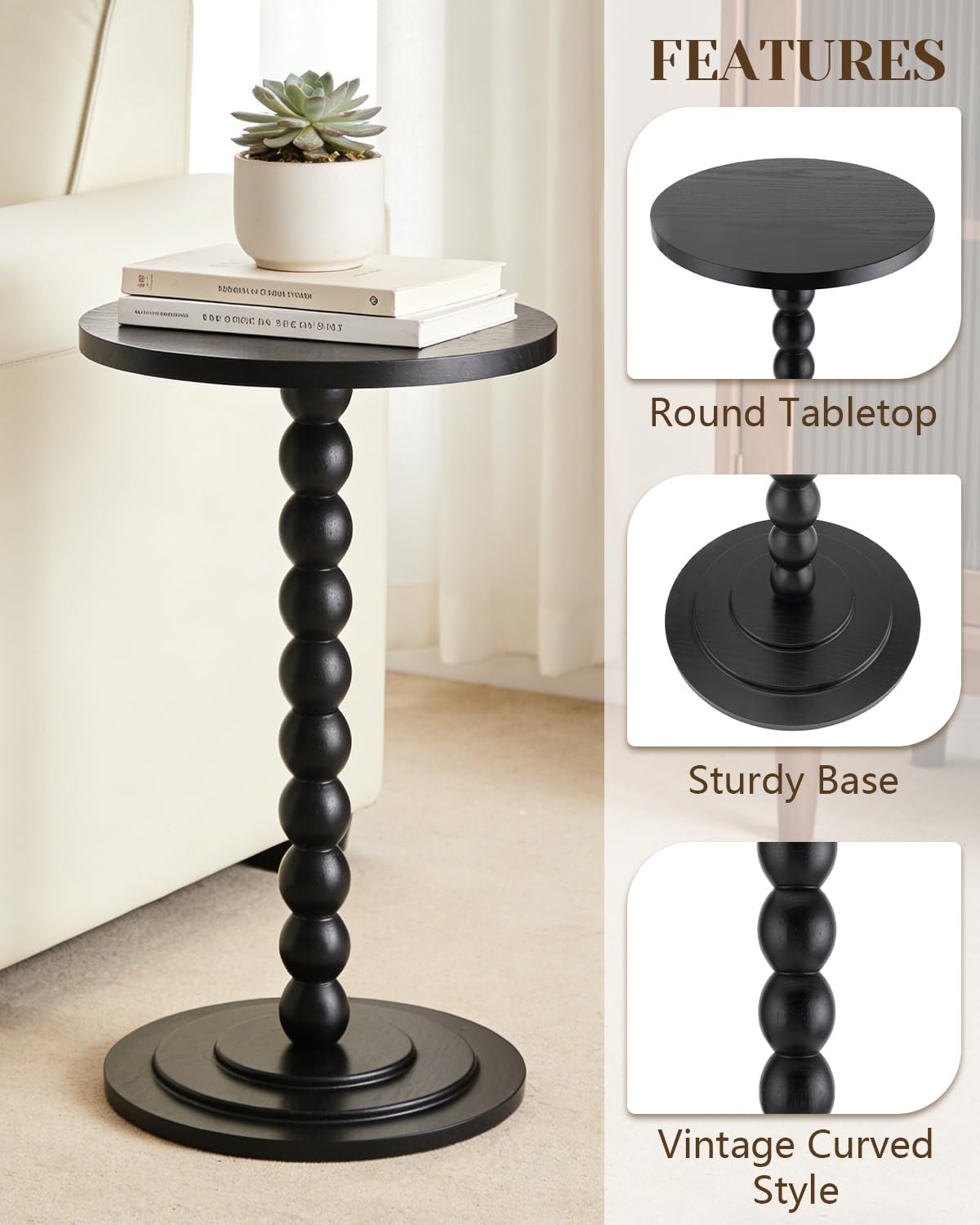 Small Round Side Table, Drink Table, Coffee Martini Table for Small Spaces Modern Accent End Table Nightstand with Solid Wood Leg for Living Room, Bedroom, Corners, and Office (Black)