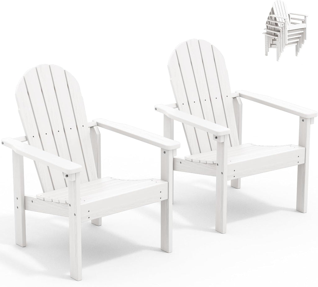 SERWALL Stackable Modern Adirondack Chairs Set of 2, HDPE Outdoor Patio Chairs with Space-Saving Design, All-Weather Fire Pit Chairs with Widened Seat for Deck, Backyard, Garden, Lawn (White)