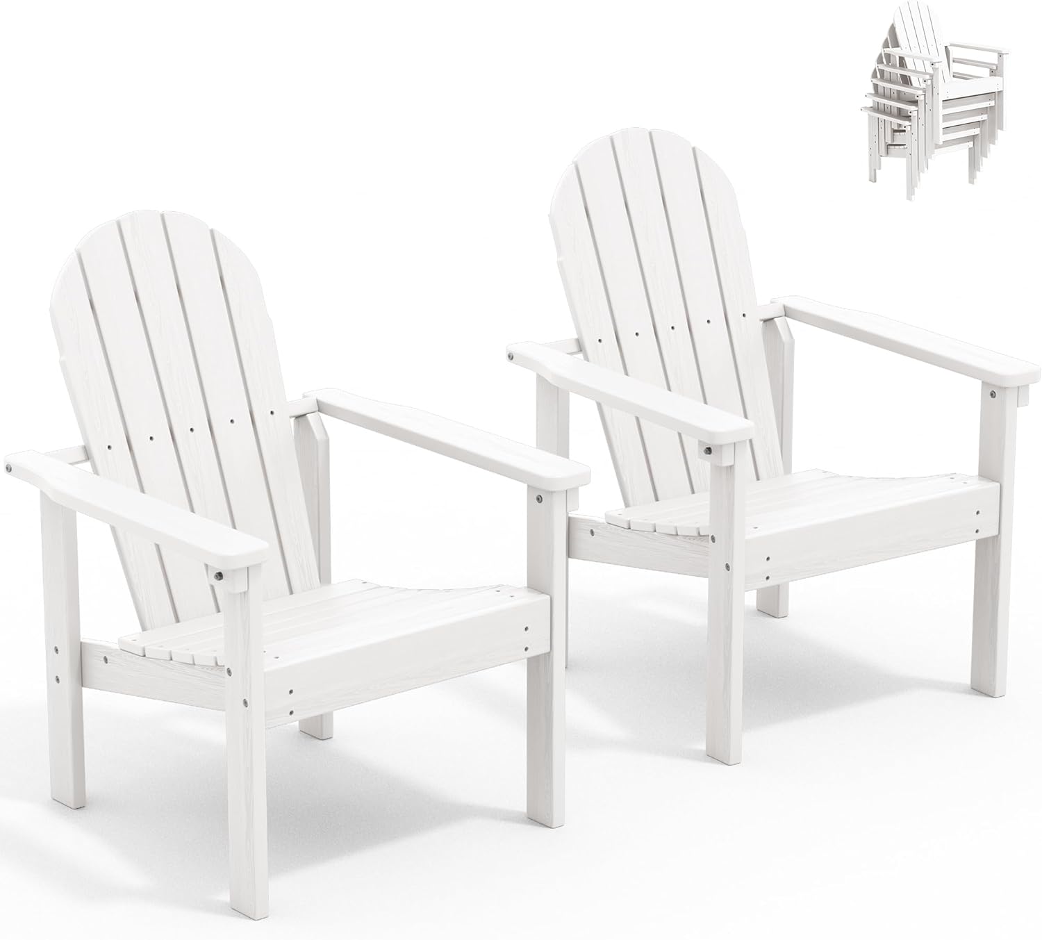SERWALL Stackable Modern Adirondack Chairs Set of 2, HDPE Outdoor Patio Chairs with Space-Saving Design, All-Weather Fire Pit Chairs with Widened Seat for Deck, Backyard, Garden, Lawn (White)
