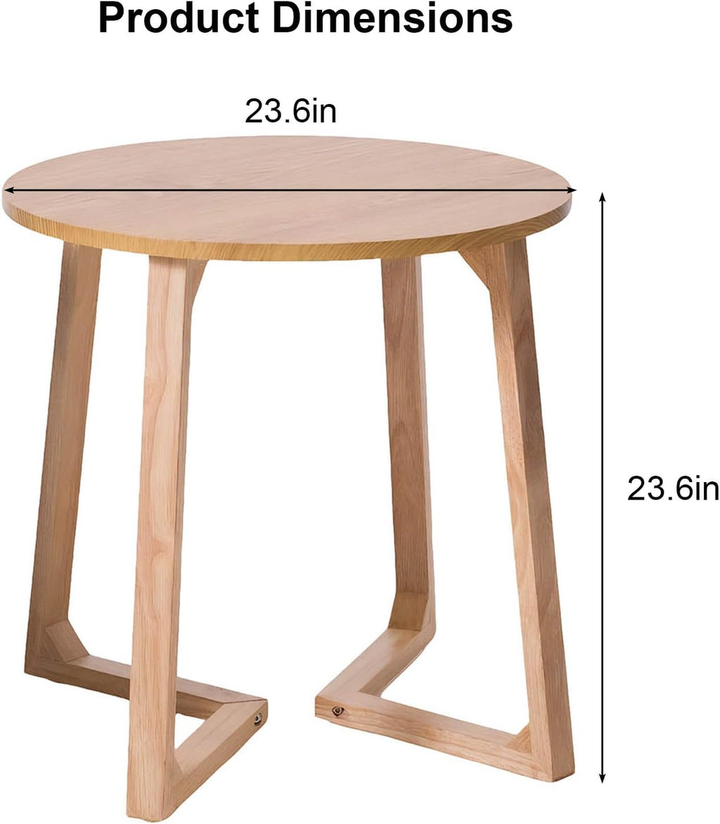 24" Round Side Table - Mid-Century Modern End Table with V-Shaped Legs, Solid Rubber Wood Top, Small Coffee Table for Living Room, Nightstand for Bedroom, Natural Finish