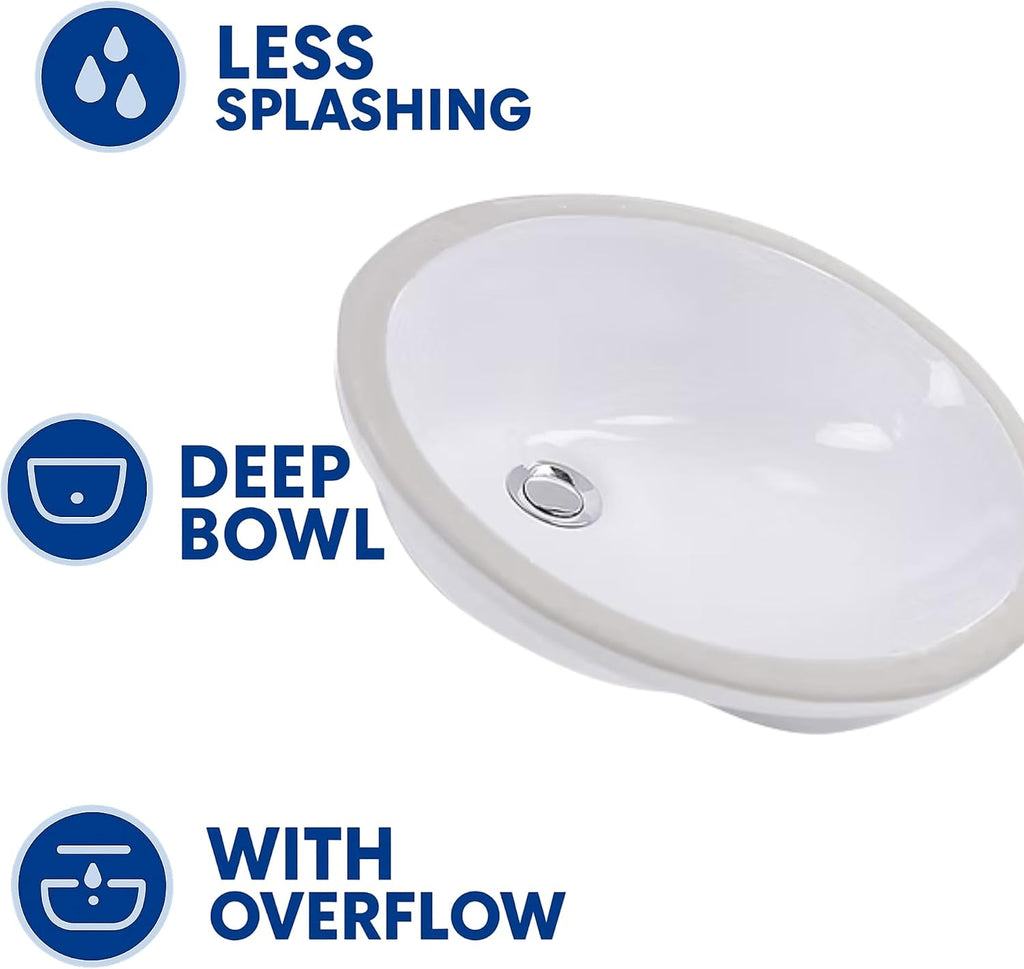 Nantucket Sinks GB-17x14-W Undermount Bathroom Sink – 17"x14" Oval White Bowl Bath Vanity Sink, Glazed Bottom for Open Console, w Overflow – Ceramic, High Gloss, Stain & Scratch Resistant
