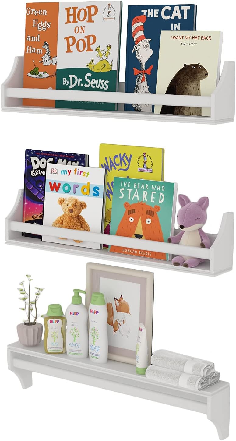 Angel 30 inch Long Floating Shelves for Wall, Nursery Decor Toy Storage Shelf & Kids Bookshelf, Set of 3 White