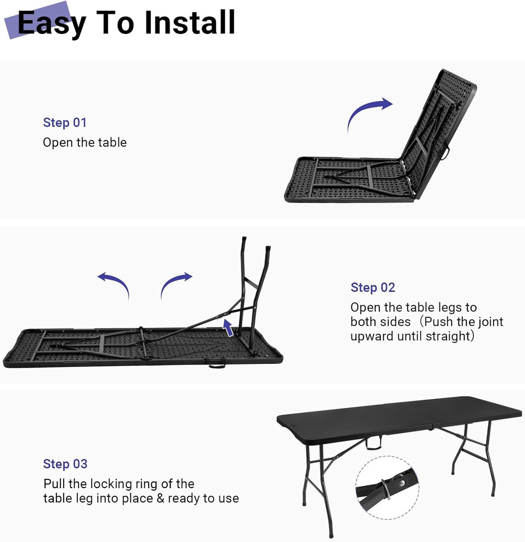 6ft Folding Table, Portable Heavy Duty Plastic Table for Party, Black | Fold-in-half Design with Carry Handle,Easy Setup,Compact Storage. Supports 330 lbs for Indoor & Outdoor use,Camping, Picnic