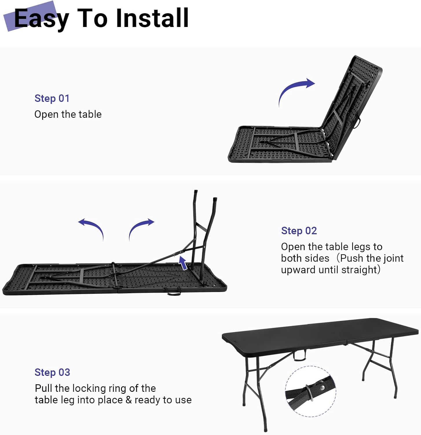 6ft Folding Table, Portable Heavy Duty Plastic Table for Party, Black | Fold-in-half Design with Carry Handle,Easy Setup,Compact Storage. Supports 330 lbs for Indoor & Outdoor use,Camping, Picnic