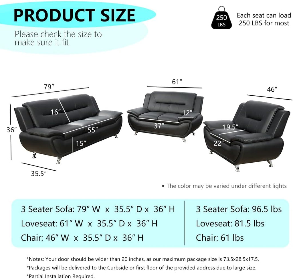 3 Piece Living Room Furniture Set, Contemporary Sectional Sofa Couches, Black Leather Sofa Set with Metal Feet, Faux Leather Modern Couch & 2 Chairs for Living Room/Office/Club, 3+1+1, Black#2
