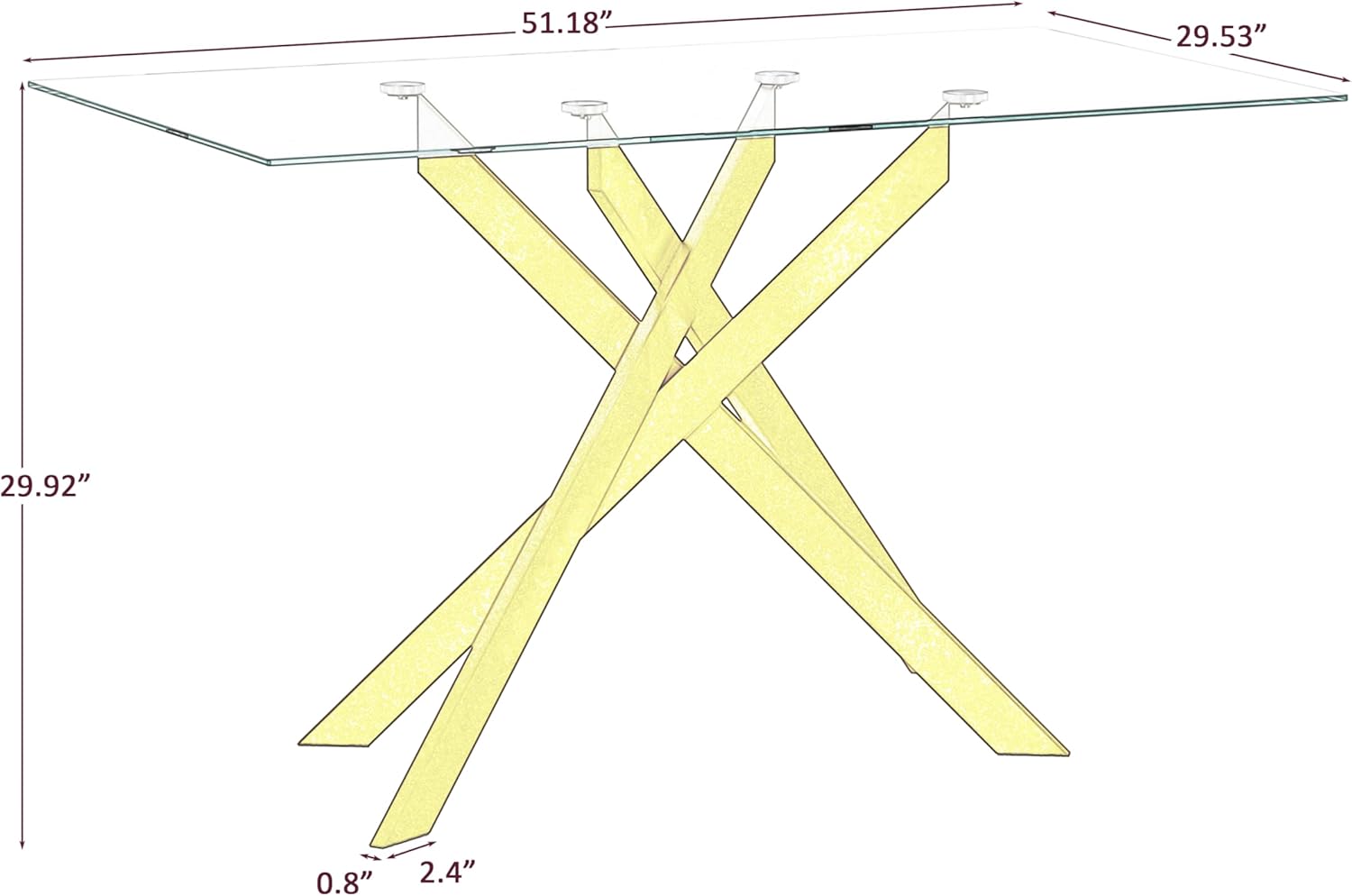 Gold Glass Dining Table for 4 Modern 51.2" Rectangular Kitchen Dining Room Table for 4 with X-Shape Metal Base Large Clear Glass Top Dining Tables for Home Kitchen