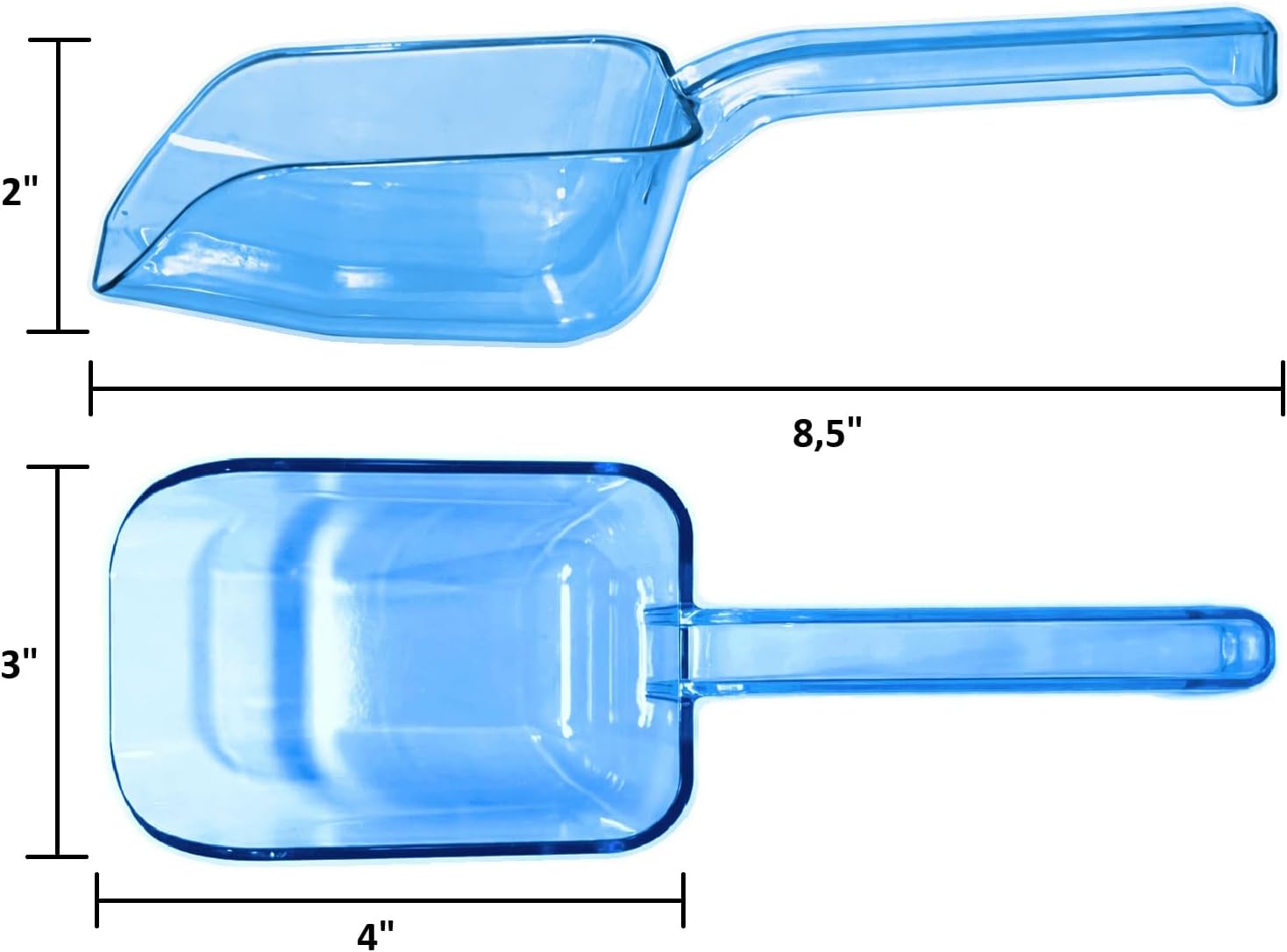 Ice Scoop for Freezer, 2-Pack, 8 Oz Each, Clear Blue | Plastic, For Ice Machine, Small Ice Scoopers for Freezer Bin