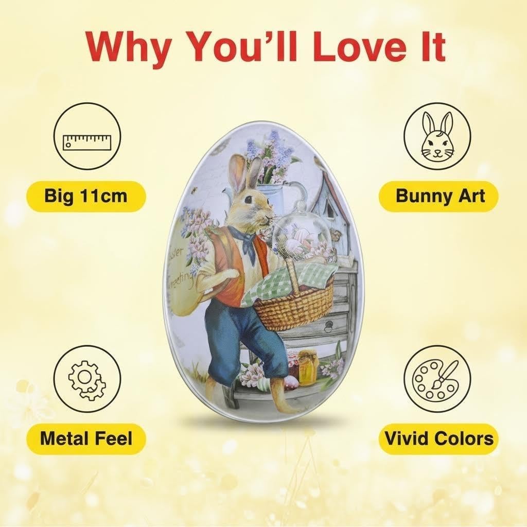 Vintage Easter Egg Tin Box (Style C), Metal Rabbit Easter Egg Containers for Candy & Treats, Reusable Decorative Gift Tin