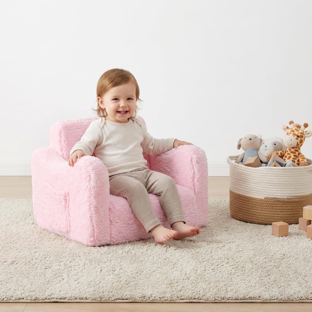 Toddler Couch 2-in-1 Flip Open Convertible Sherpa Kids Sofa Chair, Pink | LUXURY SHERPA COUCH | KIDS SOFA CHAIR | REMOVABLE MACHINE WASHABLE COVER