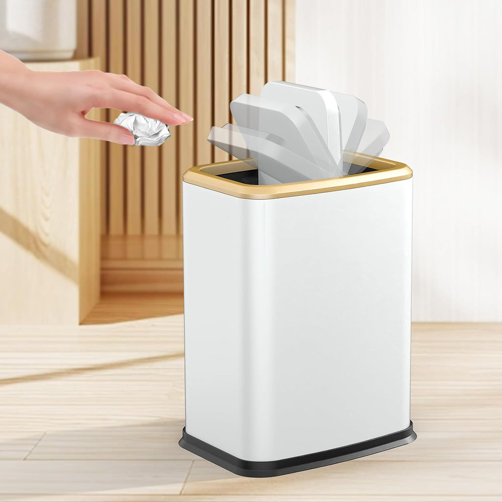 2.1 Gal Slim Bathroom Trash Can with Swing Lid, Rustproof Stainless Steel Small Garbage Can for Narrow Spaces & Toilet Side, Dog Proof Odor Control Waste Basket for Bedroom/Office, White