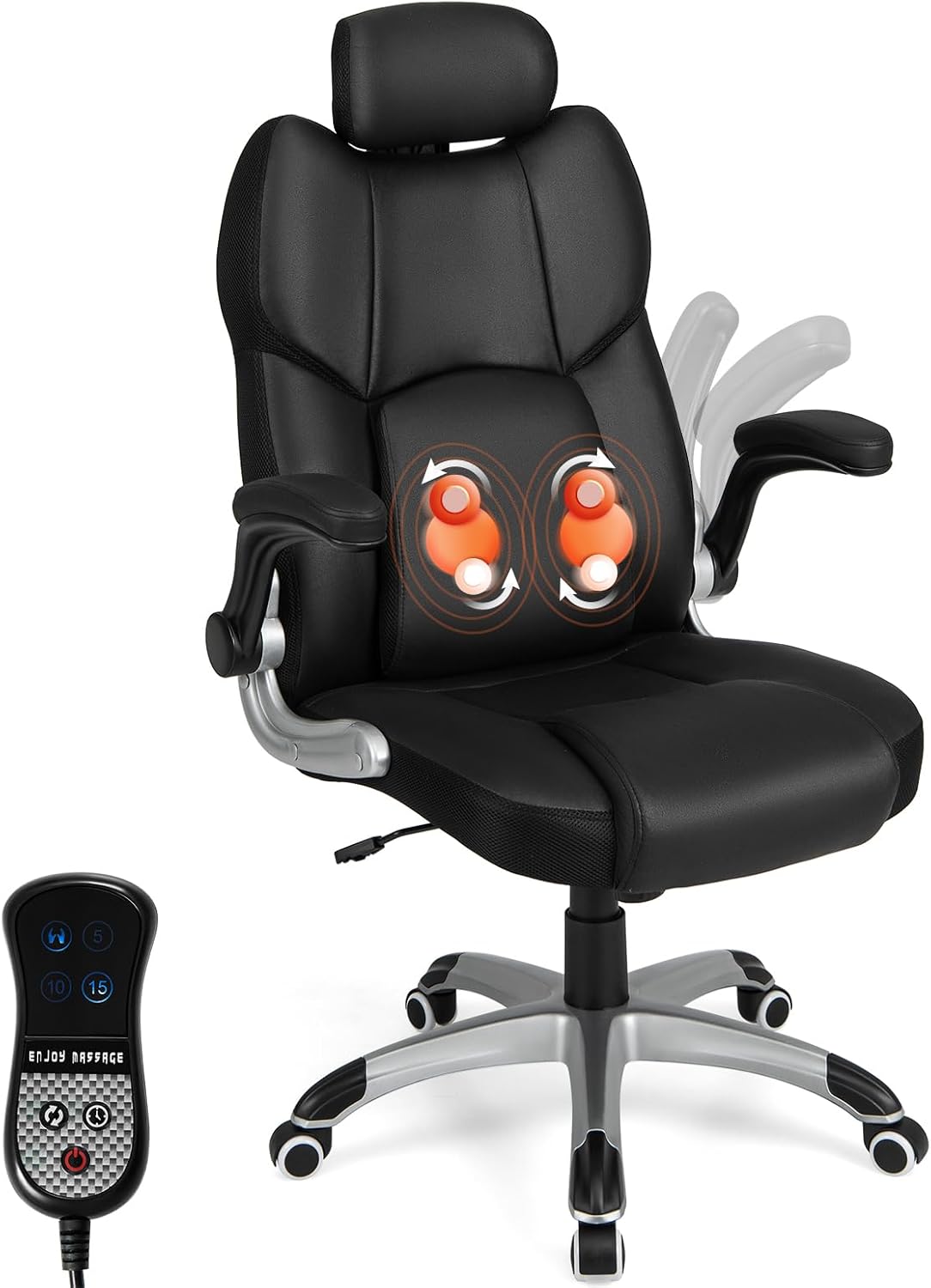 COSTWAY Executive 3D Massage Office Chair, Faux Leather Computer Desk Chair w/Adjustable Headrest & Lumbar Support, High Back Home Office Chair with Flip-up Armrests, Remote Control, Black