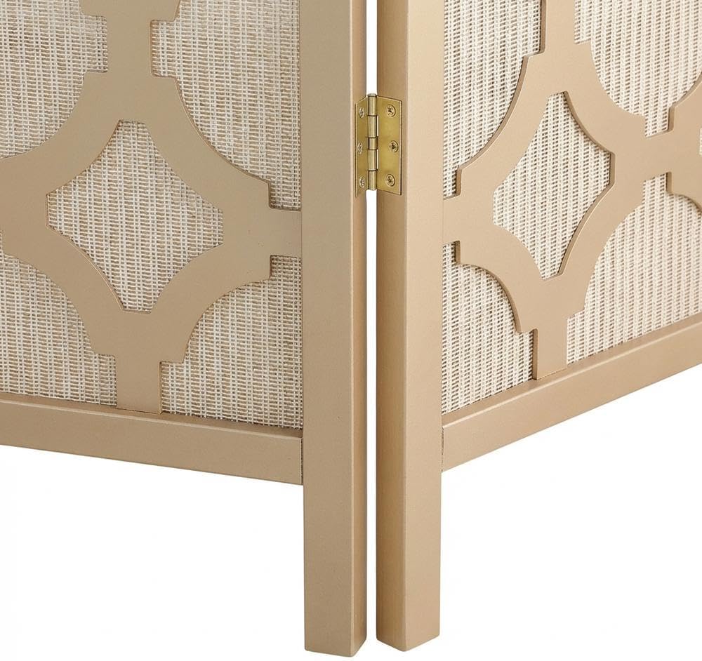 FurniFact Gold 4-Panel Wood Room Divider, Folding Screen, Fabric Panels, Diamond Design, Transitional Style, 70 Inch, Freestanding
