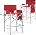 MoNiBloom 44.5" Foldable Tall Director Chair Folding Portable Aluminum Frame Makeup Artist Chair, with Side Table, Cup Holder and Pockets, 250lbs Capacity (Set of 2, Red)