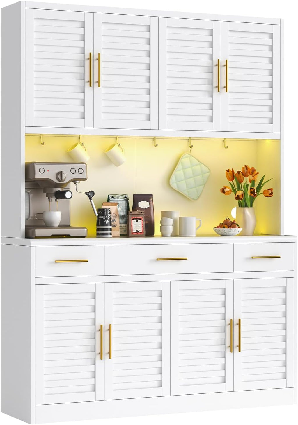 52" Wide Kitchen Pantry Cabinet with 6 Adjustable Shelves, 71" Tall Large Capacity Kitchen Hutch Storage Cabinet with Microwave Stand, 3 Storage Drawers for Dining Room, Kitchen, White